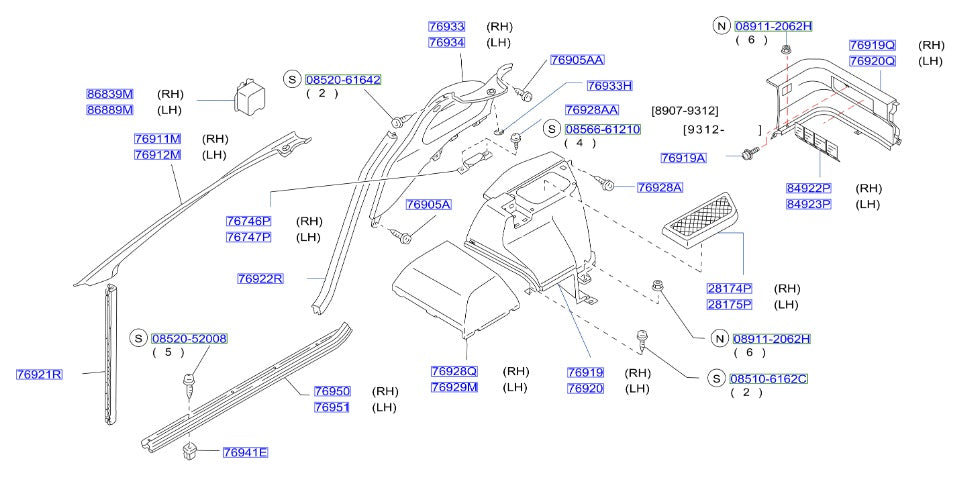 Nissan, Nissan Fairlady Z32 A-Pillar Interior Finisher (T-Top), Black Left (76912M)